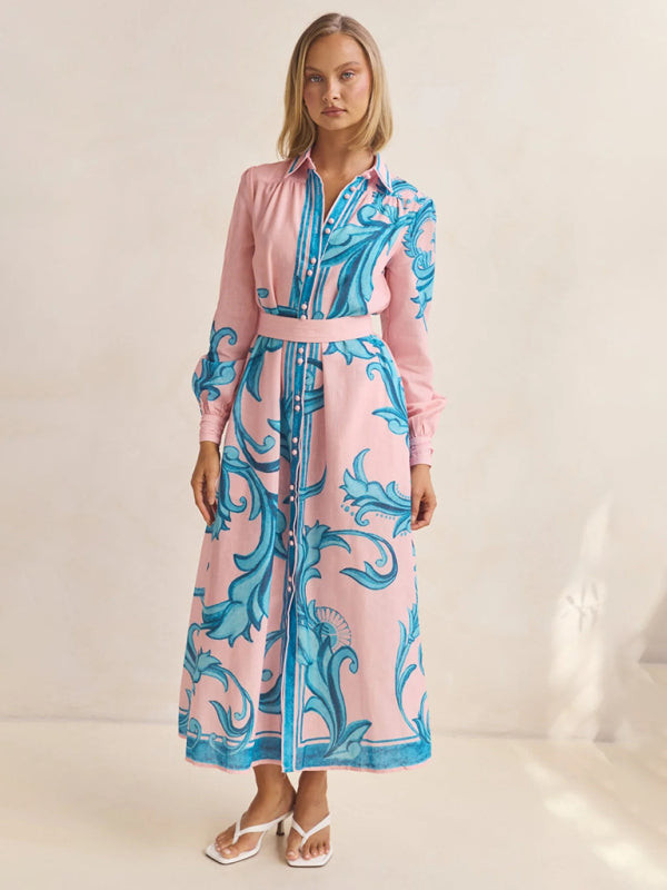 Vintage-Inspired Fashion Print Belted Dress – Flowy Fit & Long Sleeves Pink