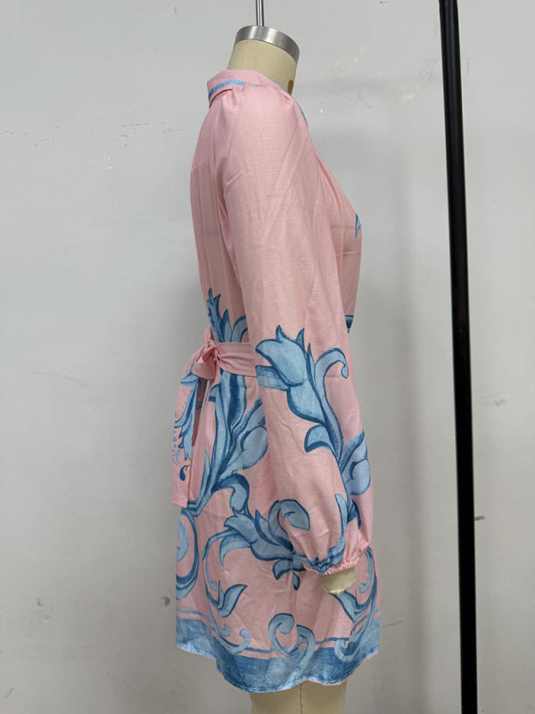 Floral Belted Retro Midi Dress – Short Sleeves, No-Stretch, Daily Fit