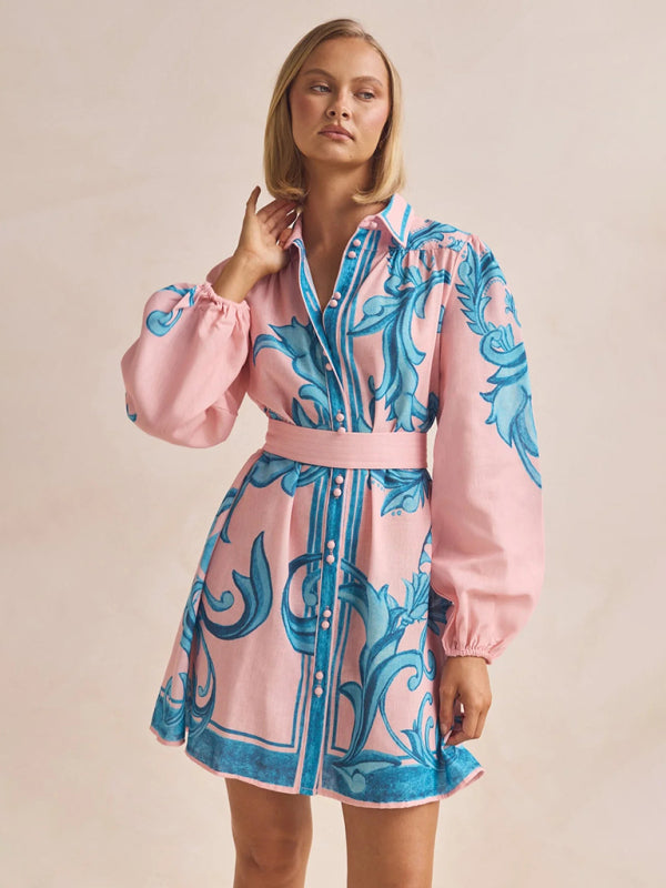 Floral Belted Retro Midi Dress – Short Sleeves, No-Stretch, Daily Fit Pink