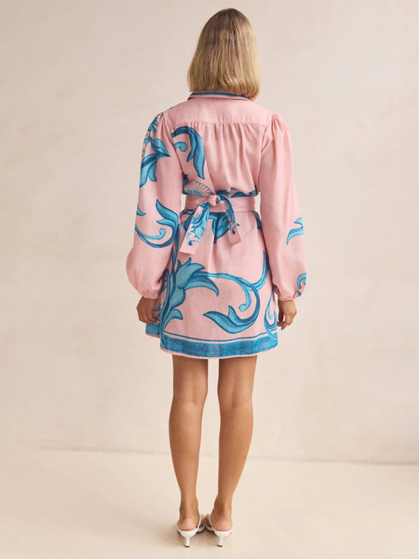 Floral Belted Retro Midi Dress – Short Sleeves, No-Stretch, Daily Fit