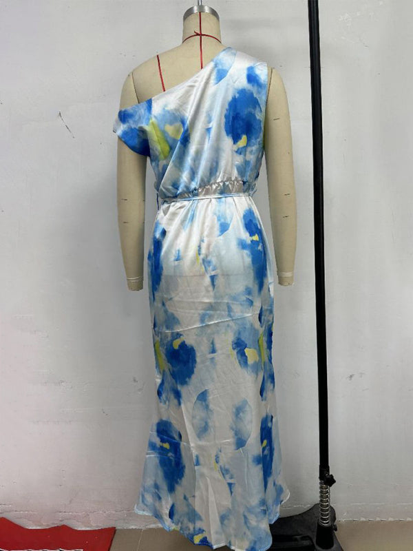 Light blue sleeveless printed dress with slit hem