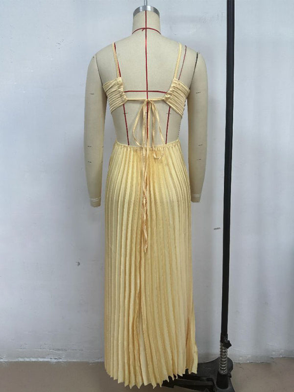 Yellow Pleated Bandeau Maxi Dress – Strapless Vacation Sundress