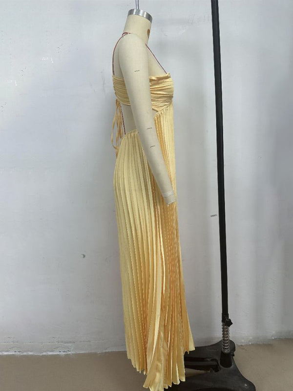 Yellow Pleated Bandeau Maxi Dress – Strapless Vacation Sundress