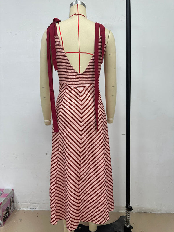 Dark Brown Striped Backless Lace-Up Vacation Dress