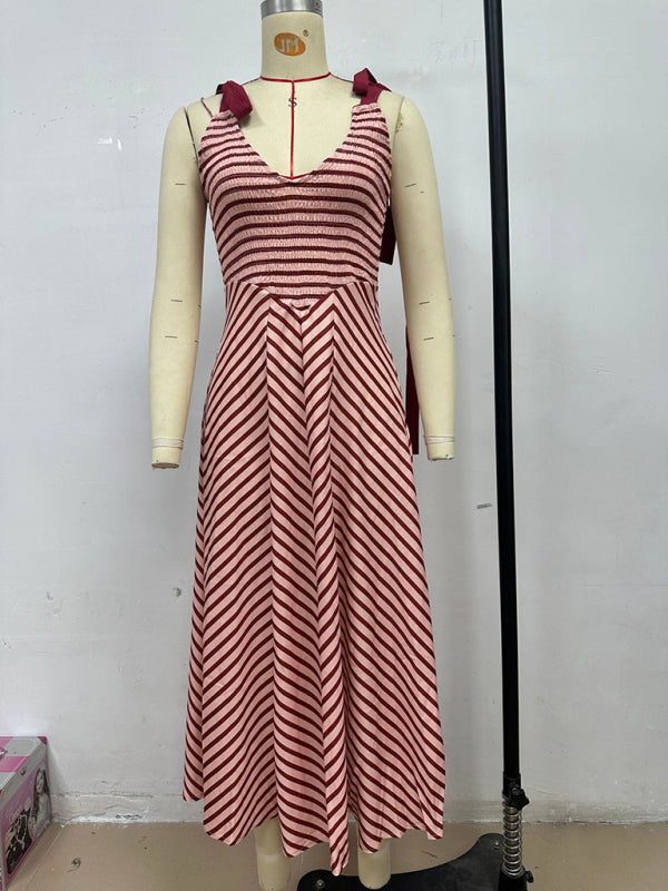 Dark Brown Striped Backless Lace-Up Vacation Dress