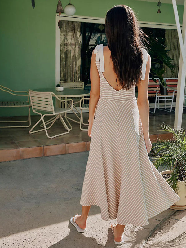 Misty Grey Striped Backless Lace-Up V-Neck Vacation Dress – Low-Cut & Flowy