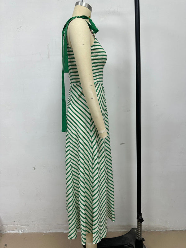 Light Green Striped Backless Lace-Up Vacation Dress – V-Neck Low-Cut Style