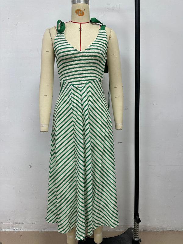 Light Green Striped Backless Lace-Up Vacation Dress – V-Neck Low-Cut Style