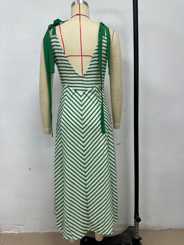 Light Green Striped Backless Lace-Up Vacation Dress – V-Neck Low-Cut Style