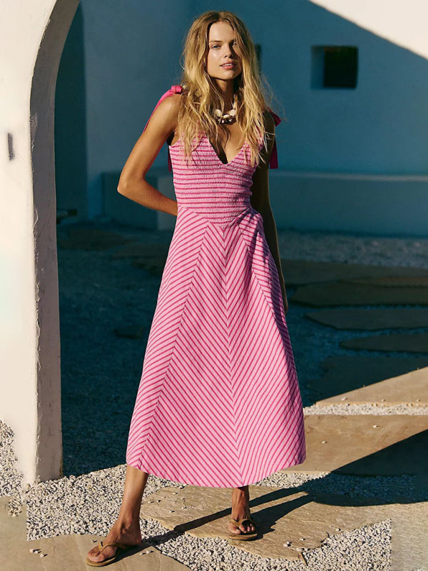 Rose Red Striped Low-Cut Backless Vacation Dress – Lace-Up V-Neck