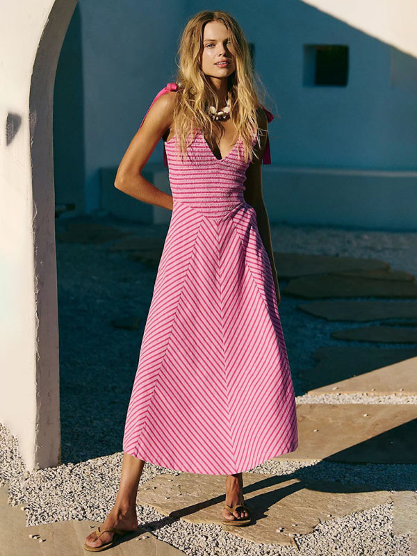 Rose Red Striped Low-Cut Backless Vacation Dress – Lace-Up V-Neck