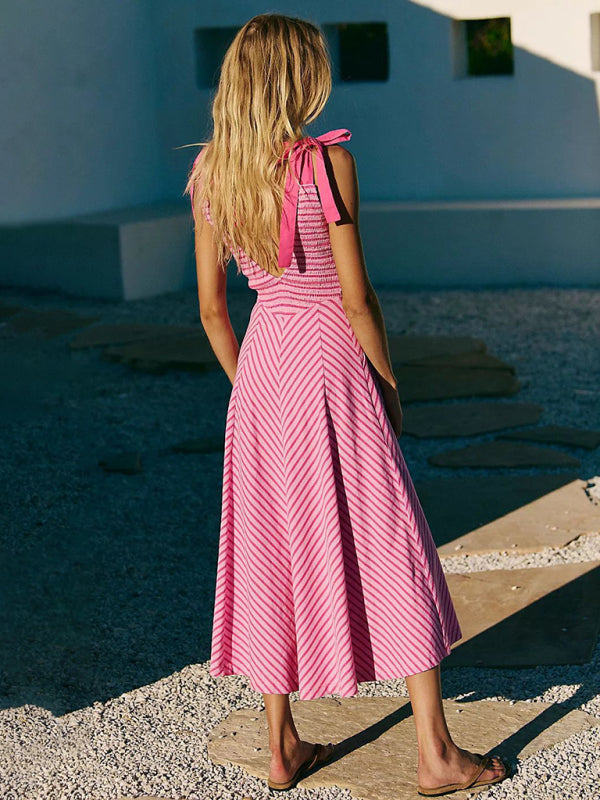 Rose Red Striped Low-Cut Backless Vacation Dress – Lace-Up V-Neck