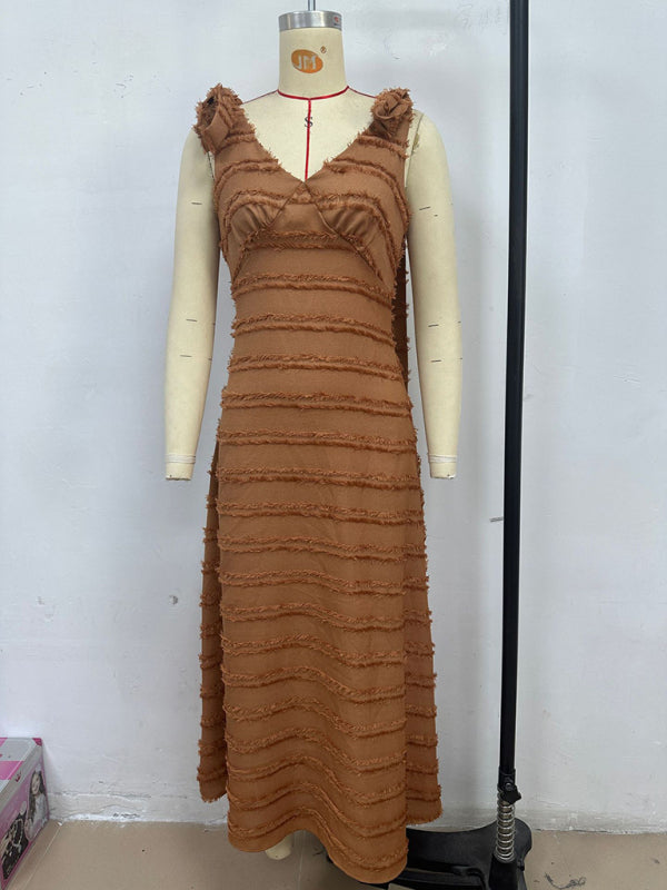Elegant V-Neck Textured Midi Dress – Autumn-Winter Daily Wear