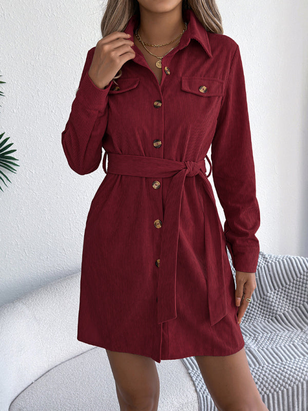 Corduroy Shirt Dress – Long-Sleeve, Button-Front, Tie Waist, Solid Color