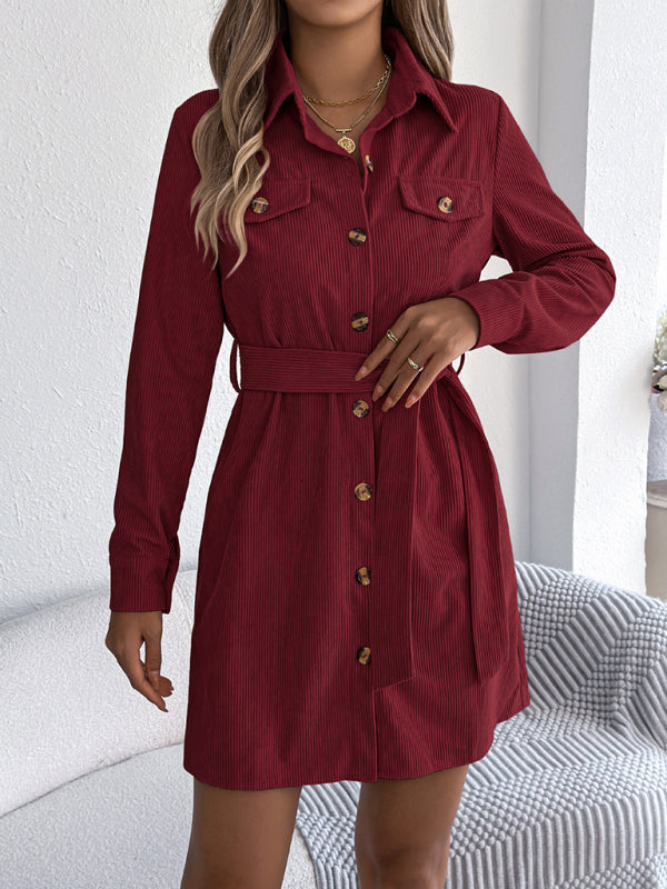 Corduroy Shirt Dress – Long-Sleeve, Button-Front, Tie Waist, Solid Color