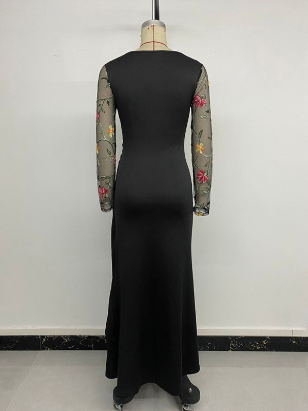 Round Neck Mesh Embroidered Long Sleeve Midi Dress – Elegant Daily Wear