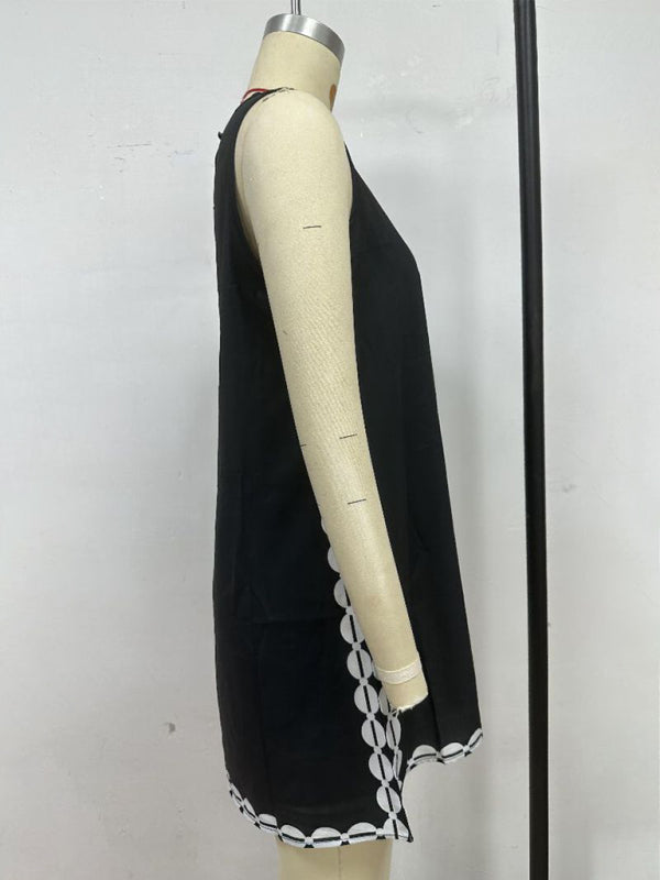 Black Round Neck Printed Short Dress – Lightweight Spring-Summer Daily Wear