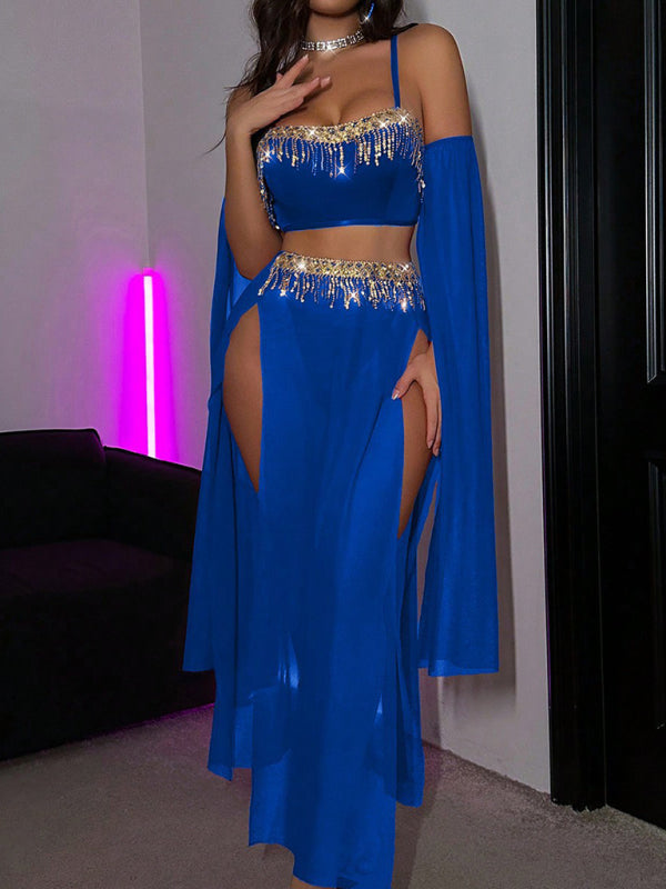 Sequin Lace Tassel Dance Set – Sexy Performance Outfit with Skirt