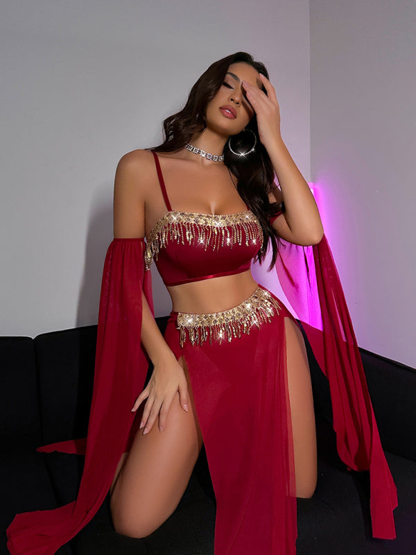 Sequin Lace Tassel Dance Set – Sexy Performance Outfit with Skirt