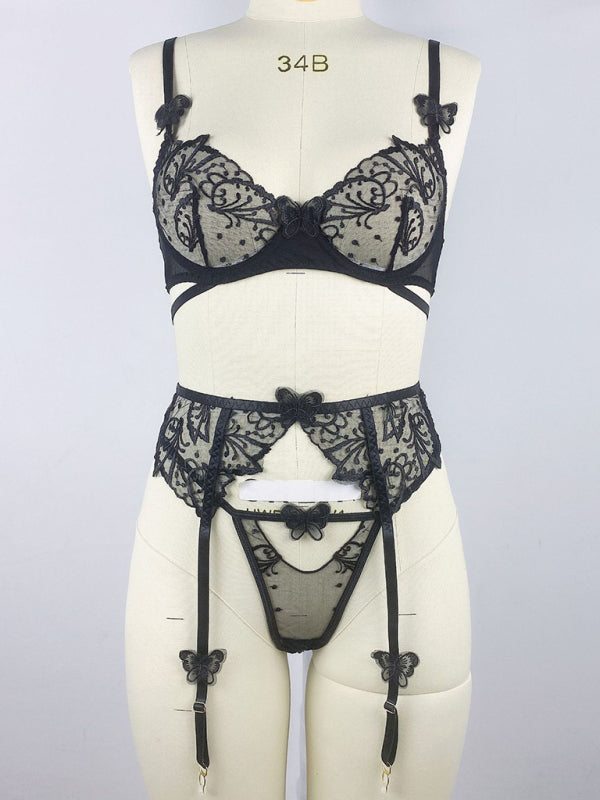 3-Piece Black Sheer Lingerie Set with 3D Butterfly Embroidery – Bra, Panty & Garter