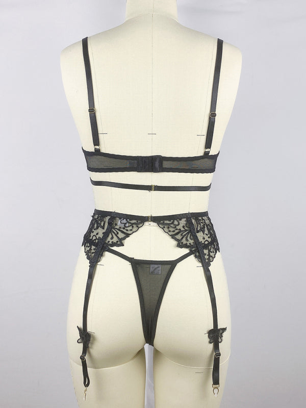 3-Piece Black Sheer Lingerie Set with 3D Butterfly Embroidery – Bra, Panty & Garter
