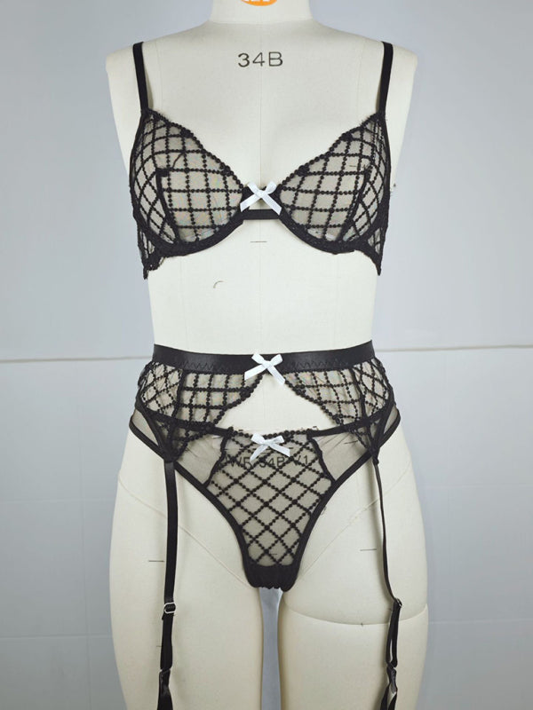 Sheer Lace Bow Embroidered Bra & Panty Three-Piece Lingerie Set