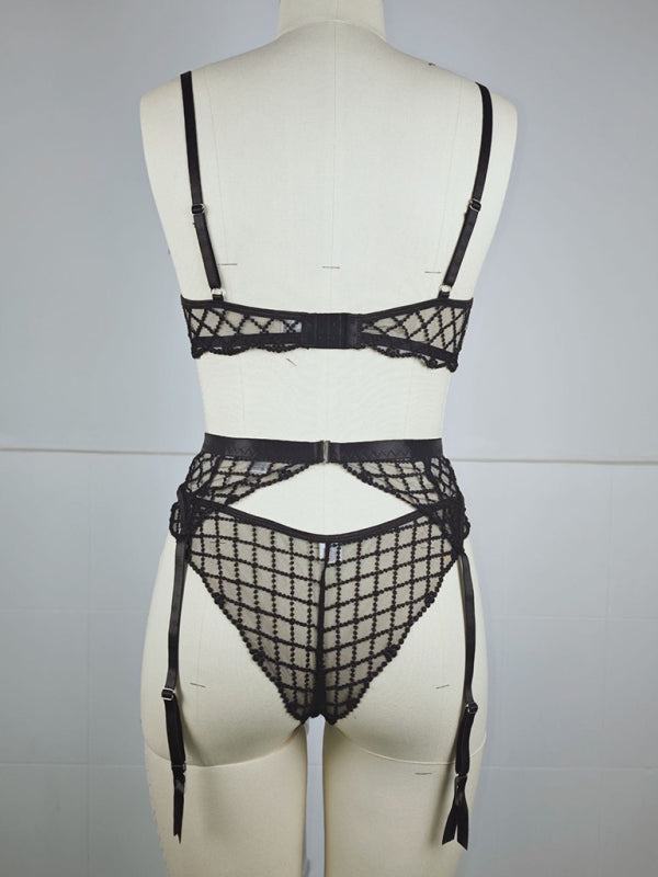 Sheer Lace Bow Embroidered Bra & Panty Three-Piece Lingerie Set