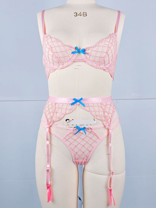 Sheer Lace Bow Embroidered Bra & Panty Three-Piece Lingerie Set