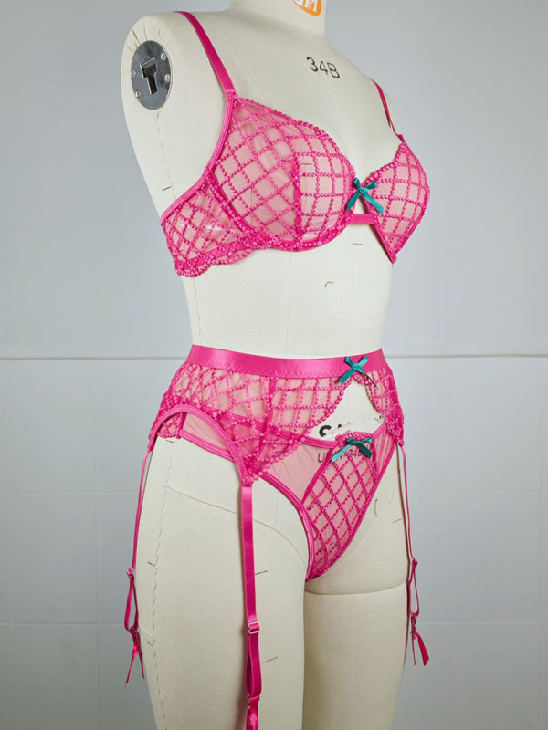 Sheer Lace Bow Embroidered Bra & Panty Three-Piece Lingerie Set