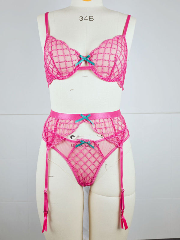 Sheer Lace Bow Embroidered Bra & Panty Three-Piece Lingerie Set