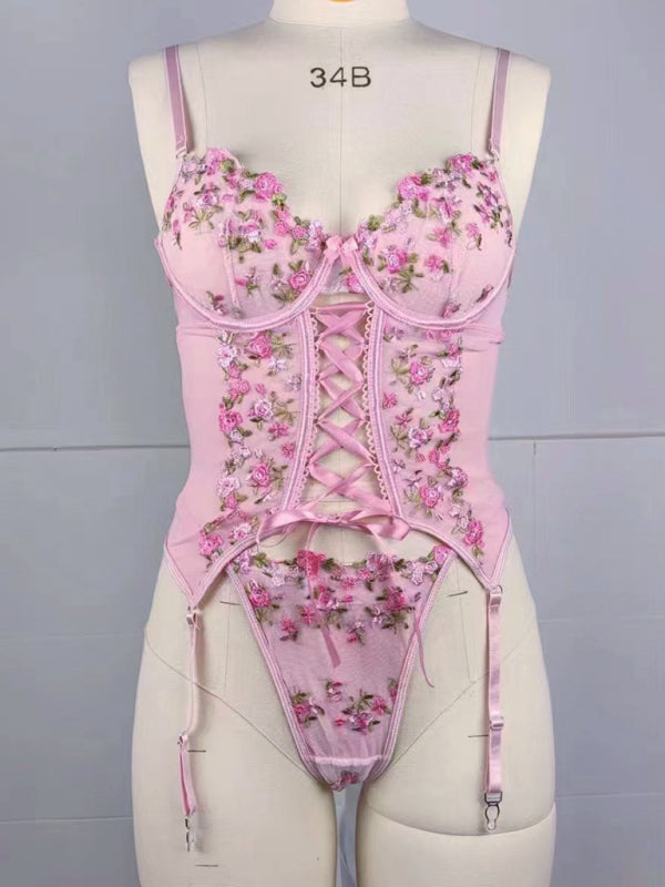 Pink Floral Embroidered Lingerie Set – Strappy Waist Detail & High Stretch Fit