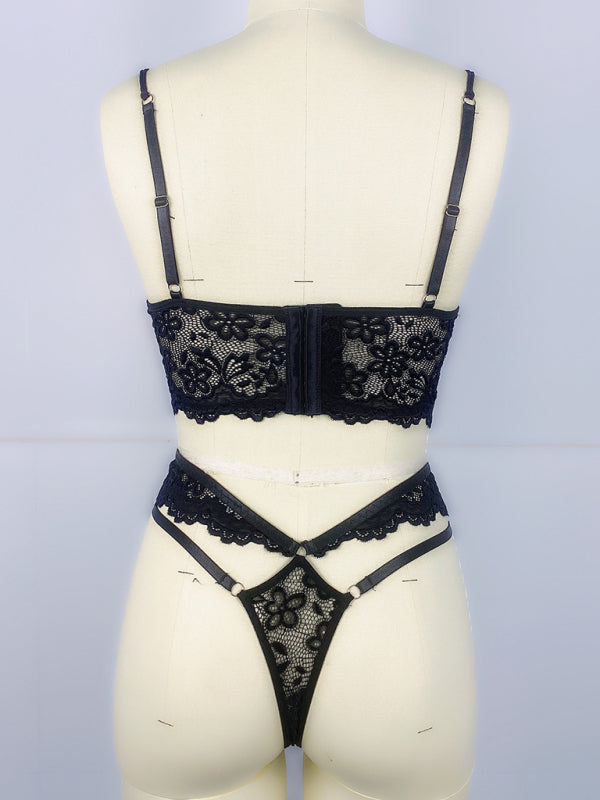 Lace Lingerie Set with Beaded 3D Floral Embellishments – Sheer & Sexy