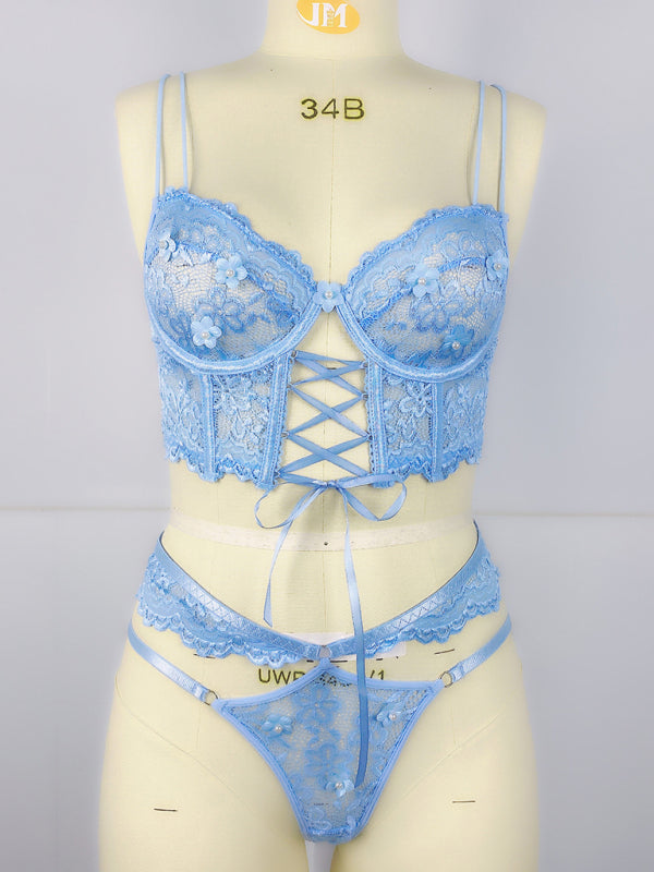 Lace Lingerie Set with Beaded 3D Floral Embellishments – Sheer & Sexy