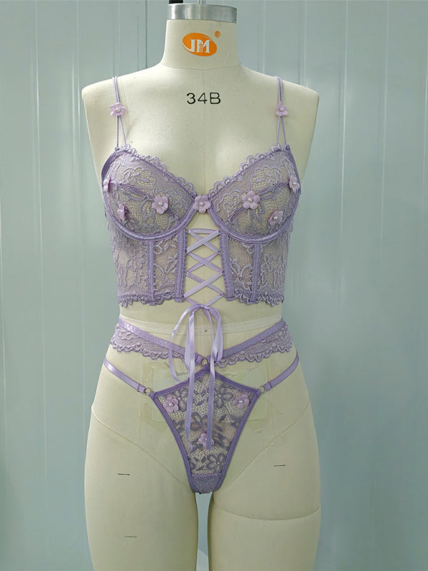 Lace Lingerie Set with Beaded 3D Floral Embellishments – Sheer & Sexy
