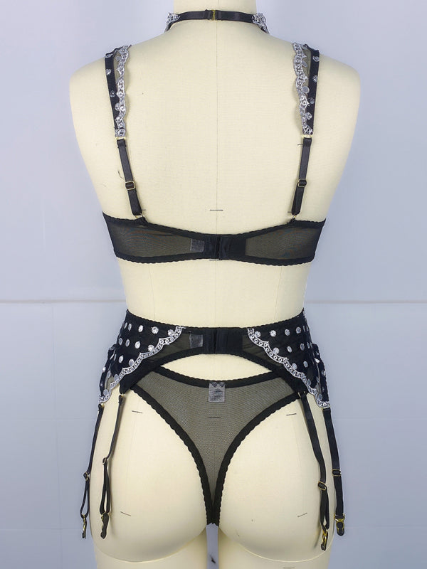 Polka Dot Embroidered Sheer Lingerie Set – 4-Piece Sexy Bra, Panty, Garter & Stockings