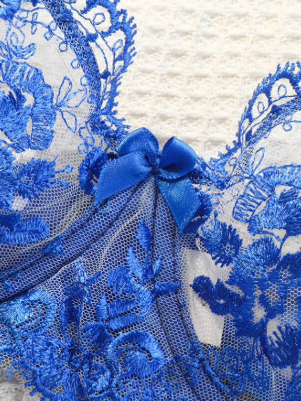 Mesh Embroidered Floral Lingerie Set – Sheer Lace, Sexy Fit, Royal Blue