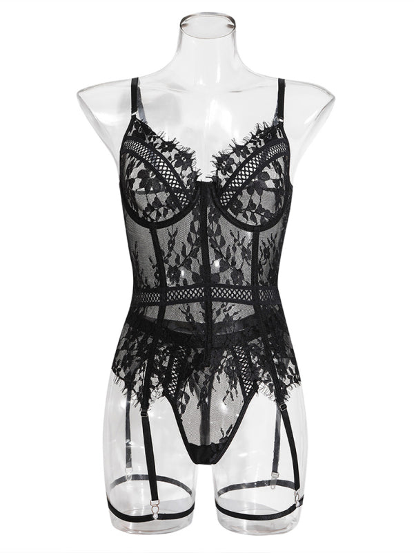 Lace Stitching Lingerie Set – Sexy Suspenders & Sheer Knit Design