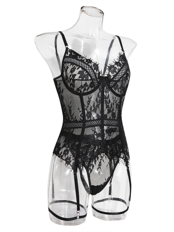 Lace Stitching Lingerie Set – Sexy Suspenders & Sheer Knit Design