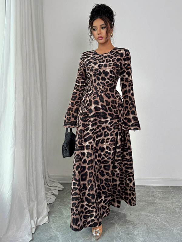 Leopard Print Long Sleeve Midi Dress – Woven Fabric, Four-Season Style