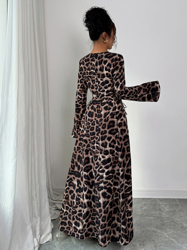 Leopard Print Long Sleeve Midi Dress – Woven Fabric, Four-Season Style