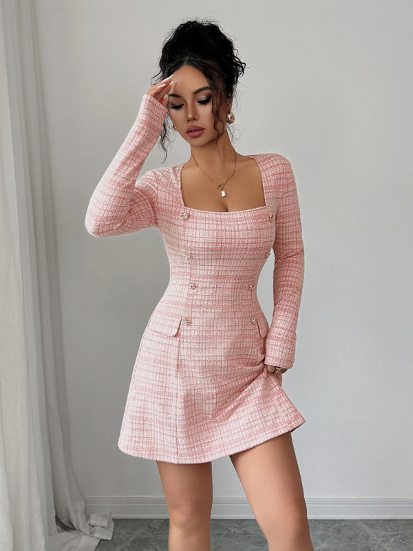 Plaid Long Sleeve Midi Skirt Dress – Woven Polyester Blend, Autumn Style