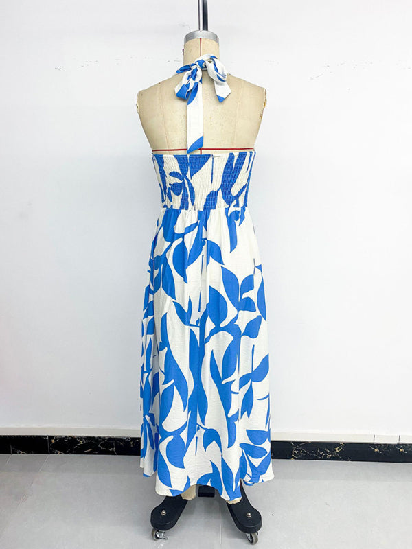 Plant print skirt seaside holiday style halter neck slit dress