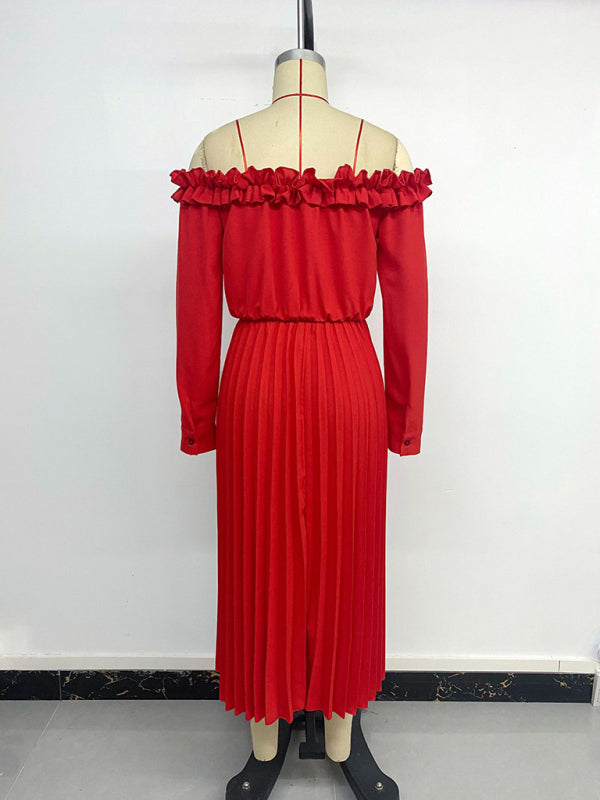 Elegant One-Shoulder Long Sleeve Dress – Solid Red, Sweet Style for Parties