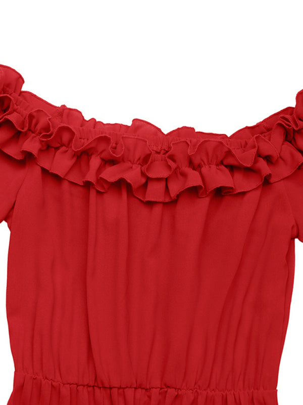 Elegant One-Shoulder Long Sleeve Dress – Solid Red, Sweet Style for Parties