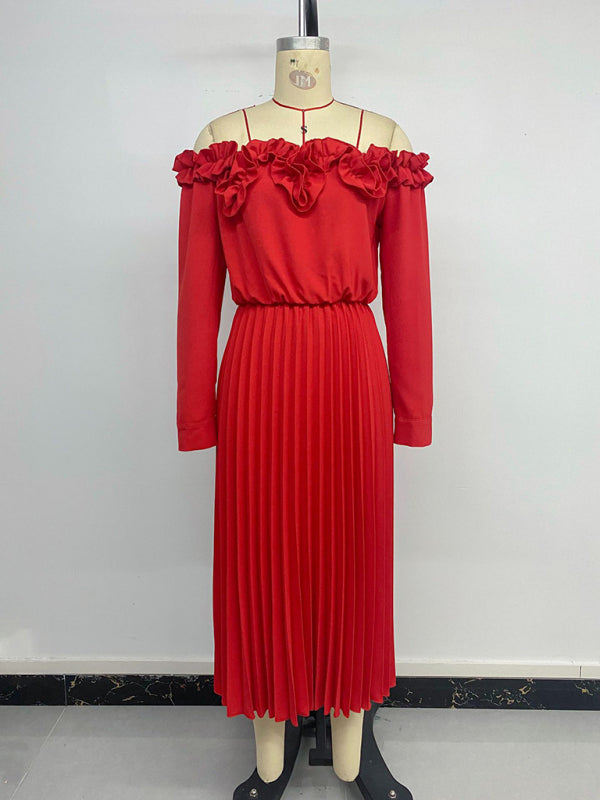 Elegant One-Shoulder Long Sleeve Dress – Solid Red, Sweet Style for Parties