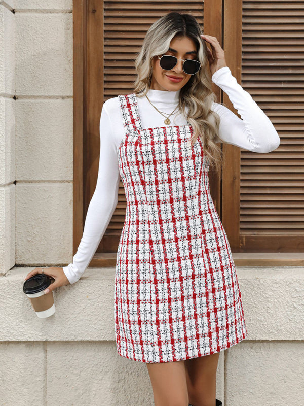 Plaid Woolen Suspender Dress – Short Length, Autumn-Winter Style