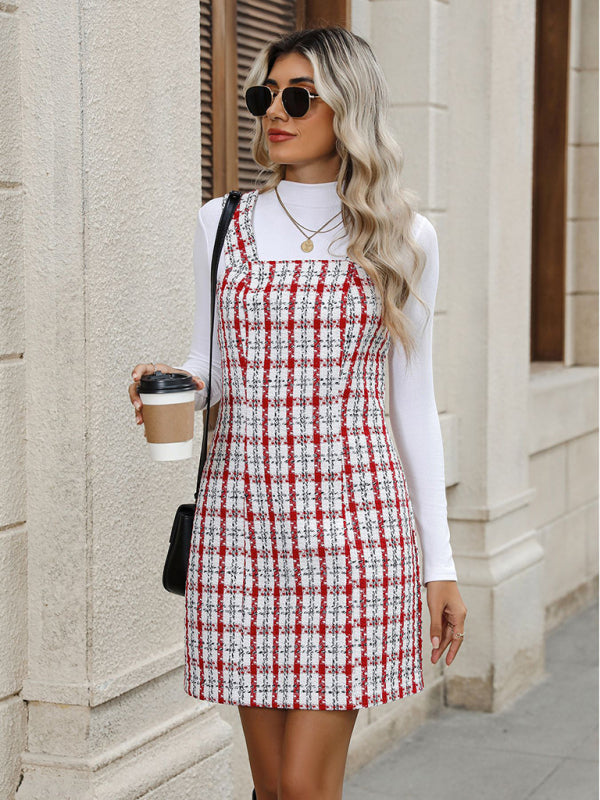Plaid Woolen Suspender Dress – Short Length, Autumn-Winter Style