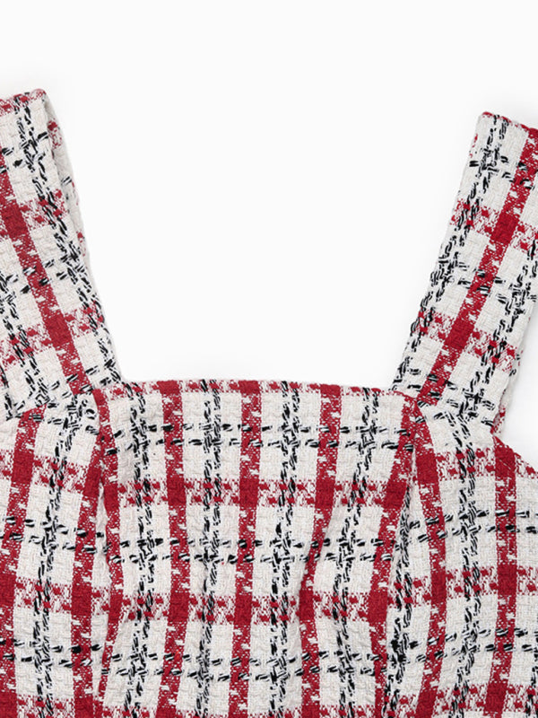 Plaid Woolen Suspender Dress – Short Length, Autumn-Winter Style
