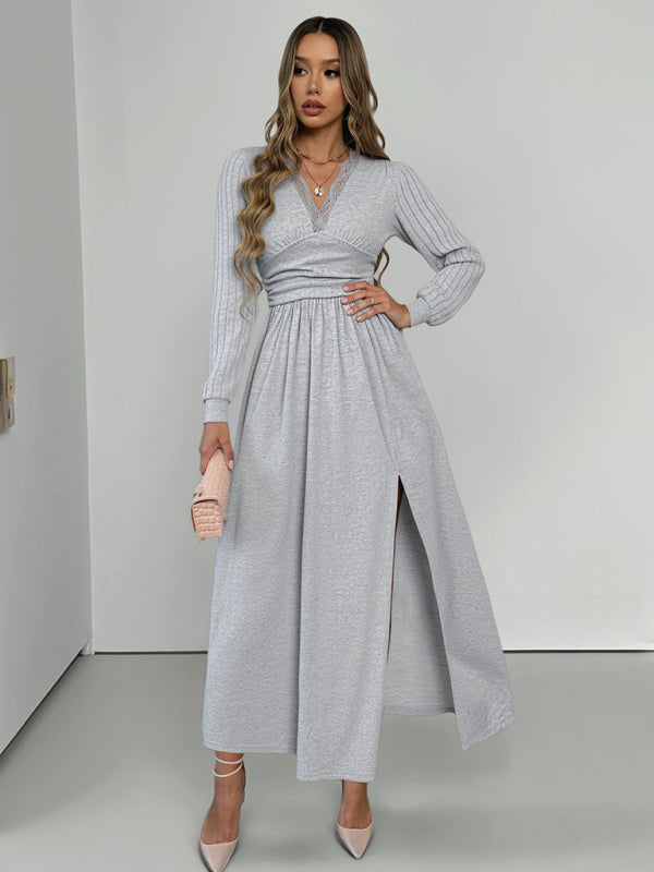 Misty Grey V-Neck Long Sleeve Knit Dress with Side Slit – Autumn Leisure Fit