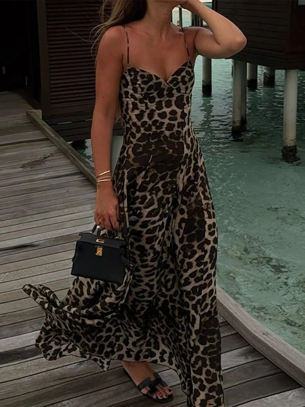 Leopard Print Sling Maxi Dress – Woven Sleeveless Spring-Summer Fit